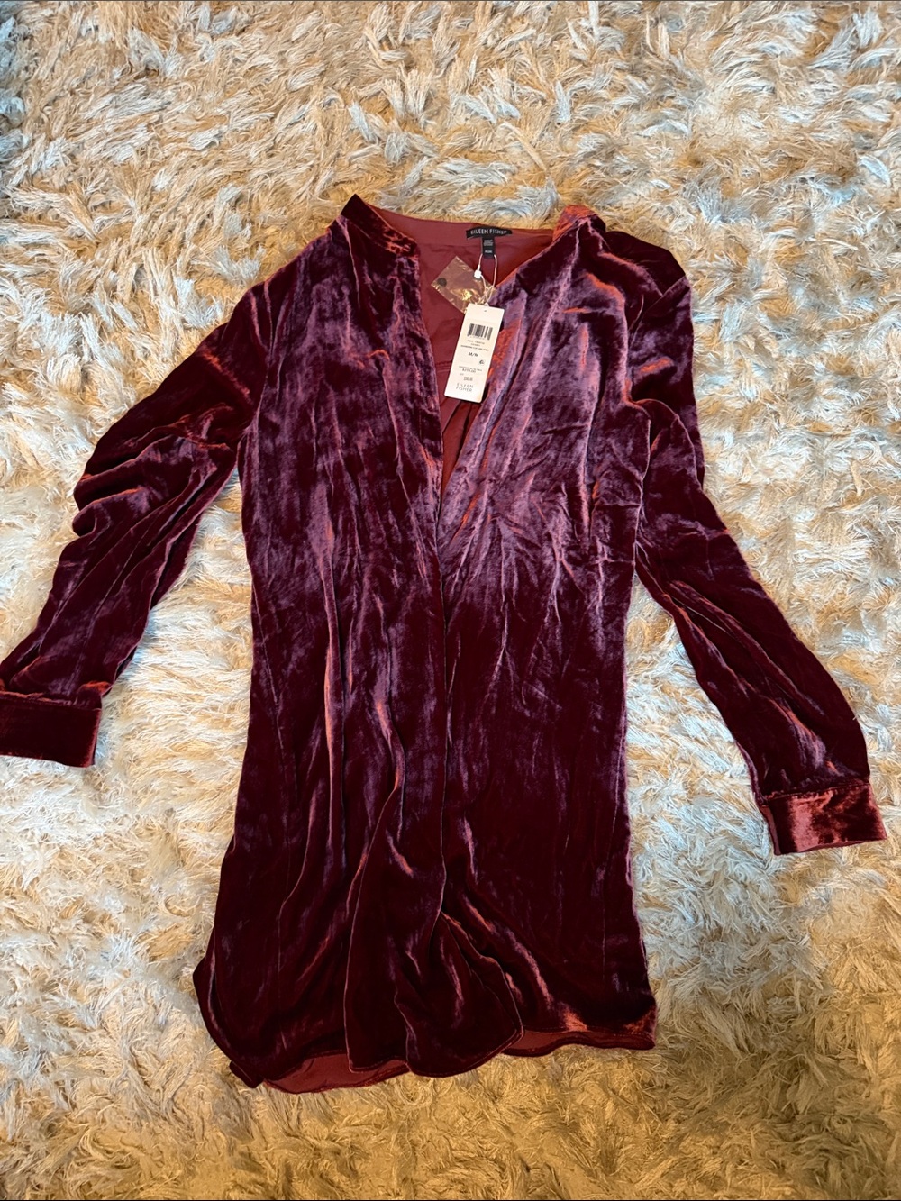 Eileen Fisher Velvet Mandarin Collar Button Down Shirt/Tunic- Deep Wine